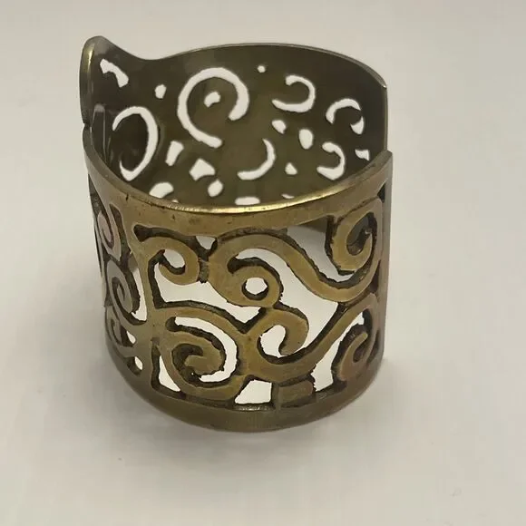 Vintage Artisan Modernist Wide Etruscan Egyptian Brass Cuff Bangle Bracelet - Picture 3 of 7
